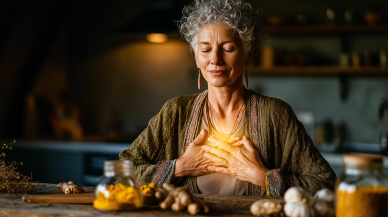 Beautiful 40 year old woman with serene expression ajurveda