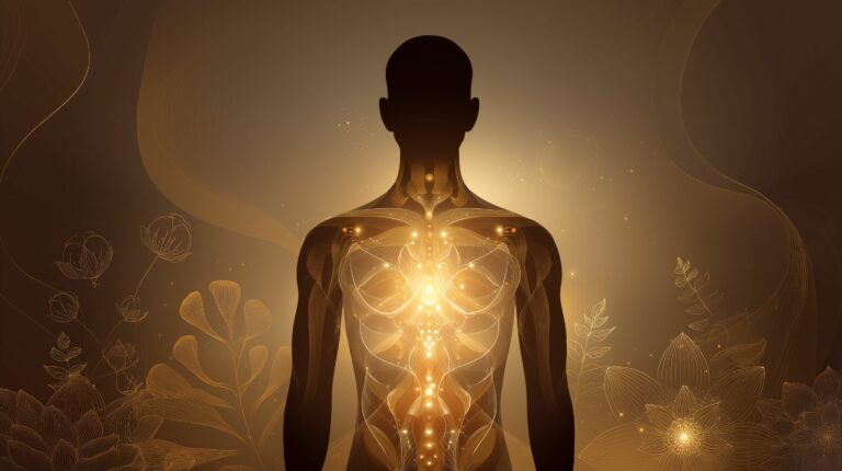 Human silhouette with seven glowing layers represe ajurveda