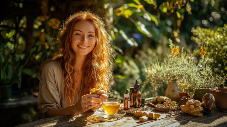 Beautiful young czech woman with long wavy red hair ajurveda