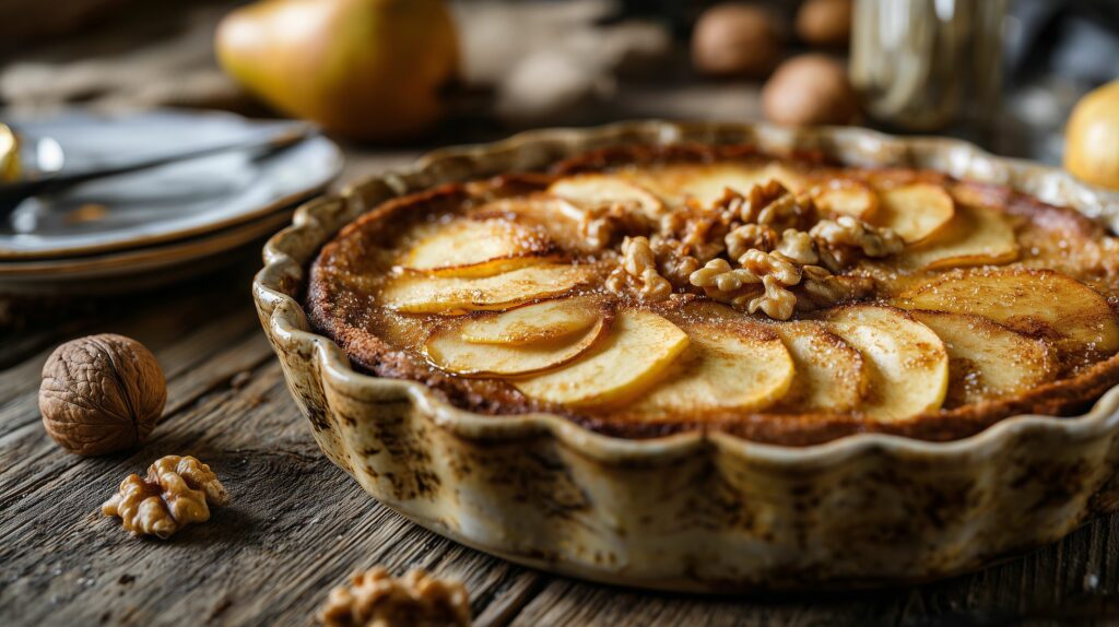 Apple cinnamon tart with walnuts in a rustic ceram ajurveda cz