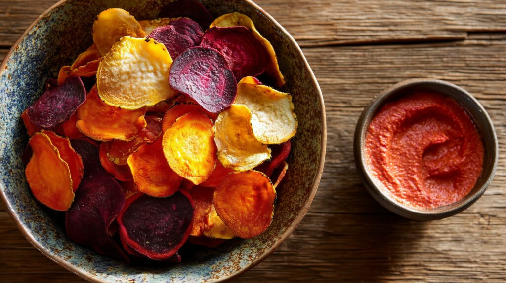 Assorted root vegetable chips served with creamy ajurveda cz