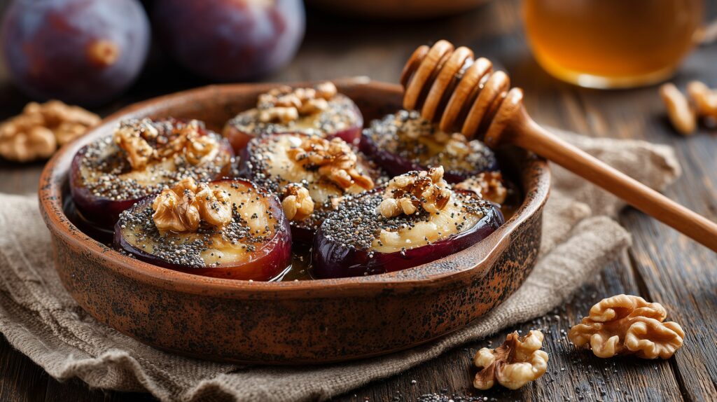 Baked halves of plums with poppy seeds and honey ajurveda cz