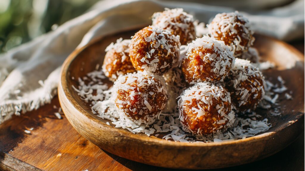 Carrot coconut date energy balls on a rustic woode ajurveda cz
