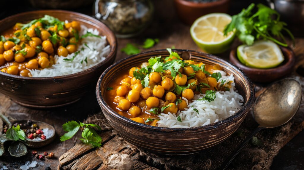 Chana masala chickpea curry served with basmati ajurveda cz