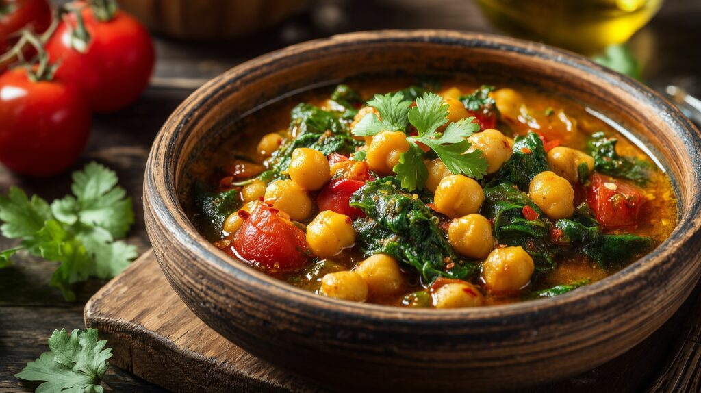 Chickpea curry with tomatoes and spinach served ajurveda cz