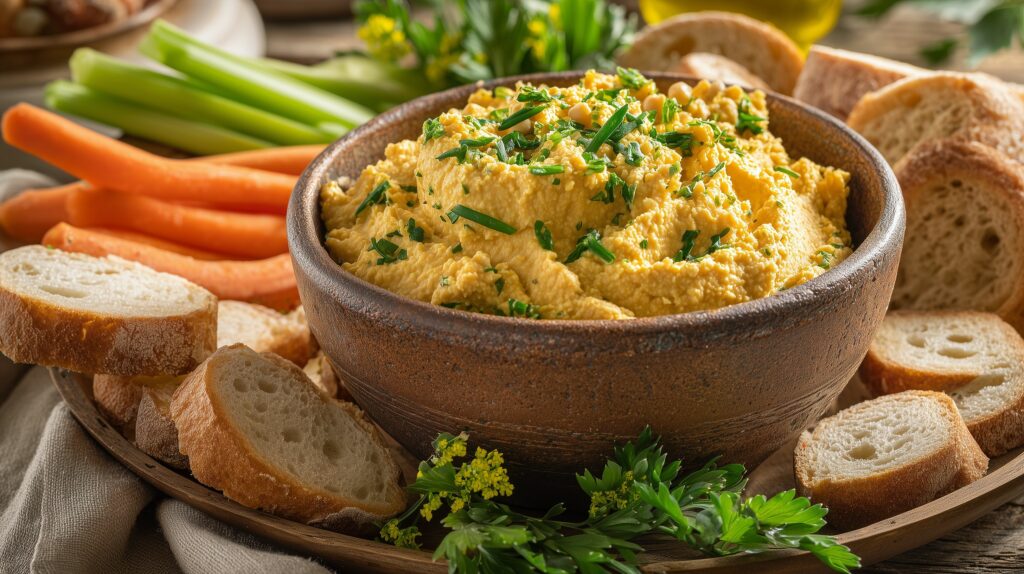 Chickpea spread with fresh herbs served in a rusti ajurveda cz