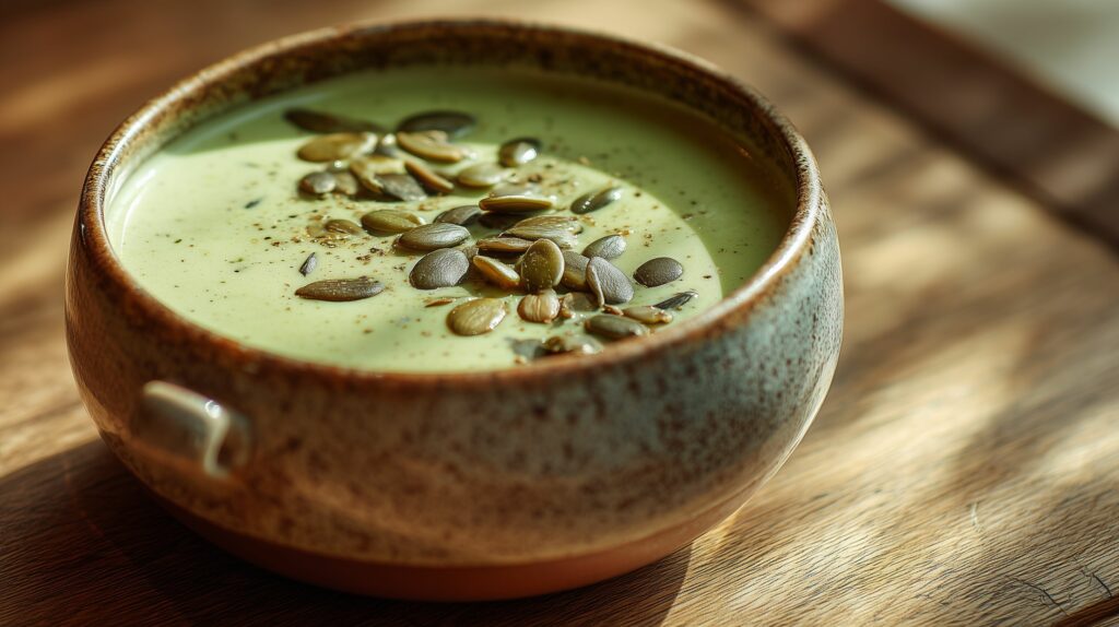 Creamy broccoli soup in a rustic ceramic bowl ajurveda cz