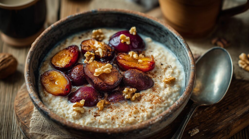 Creamy oatmeal porridge served with roasted plums ajurveda cz