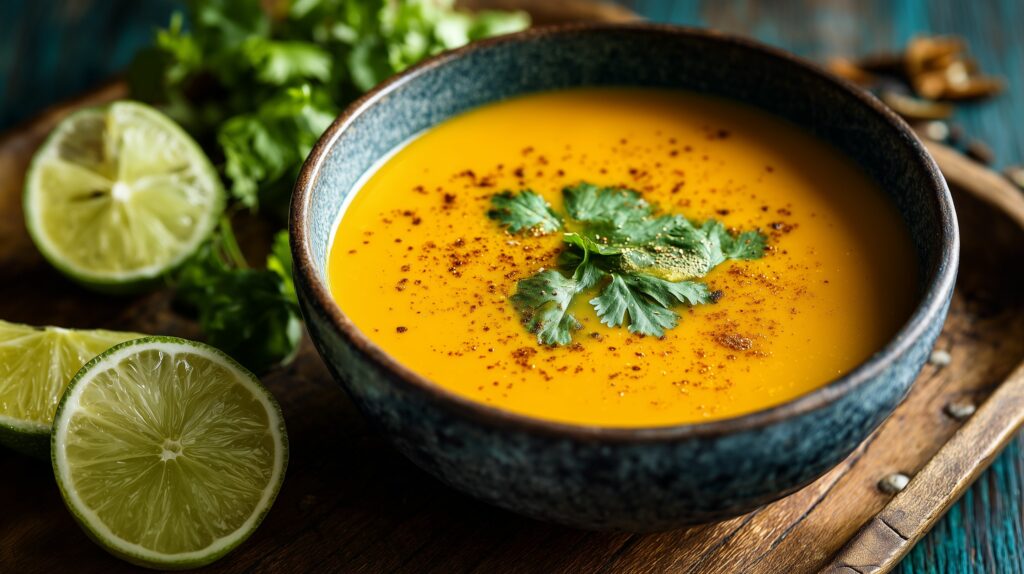 Creamy pumpkin coconut soup with lime in a rustic ajurveda cz