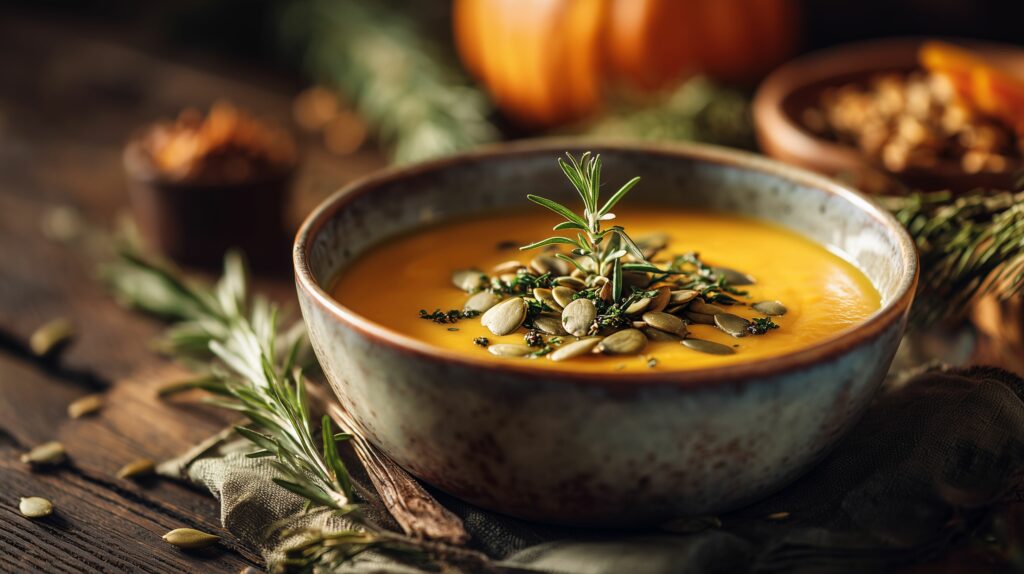 Creamy pumpkin soup in a rustic ceramic bowl ajurveda cz