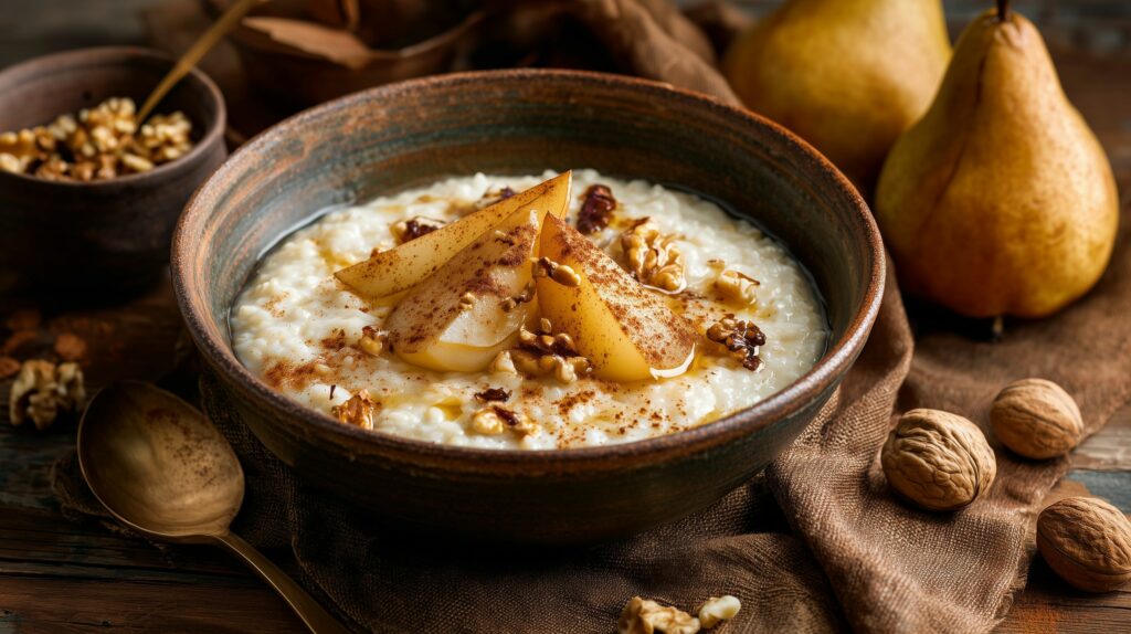 Creamy rice porridge with caramelized pears and ajurveda cz