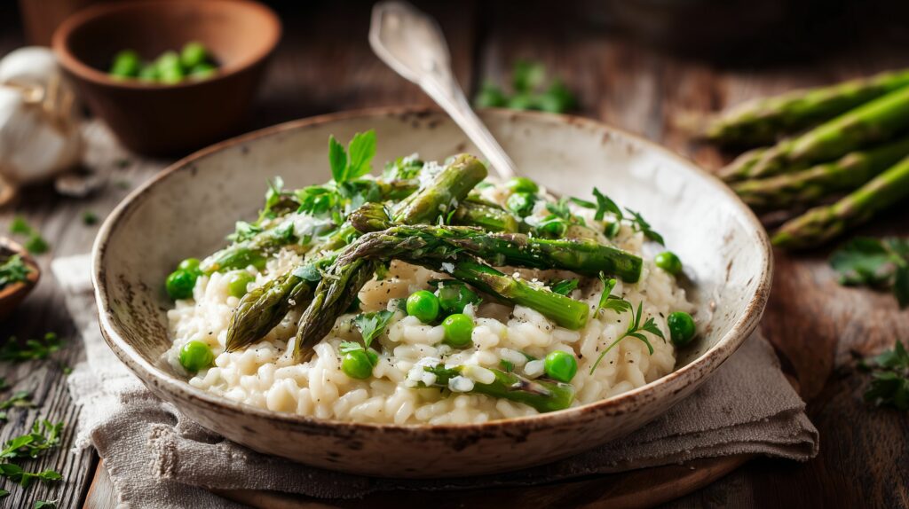 Creamy risotto with green asparagus and peas serve ajurveda cz