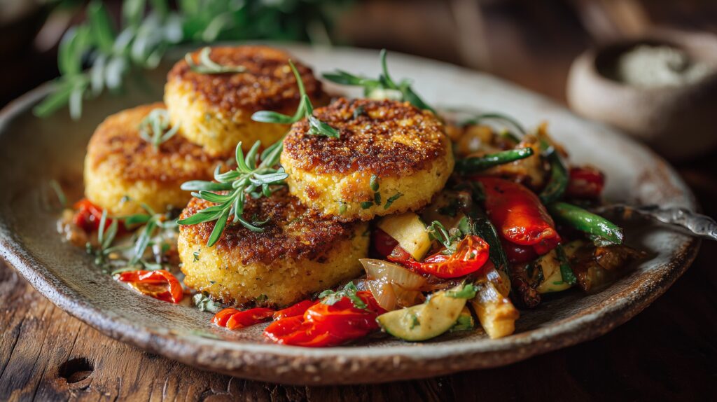 Crispy polenta cakes served with sauted vegetables c208ccf3 acfe ajurveda cz