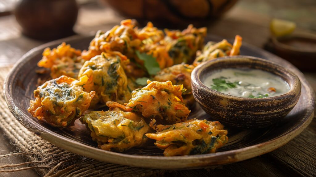 Crispy vegetable pakoras served on a rustic plate ajurveda cz