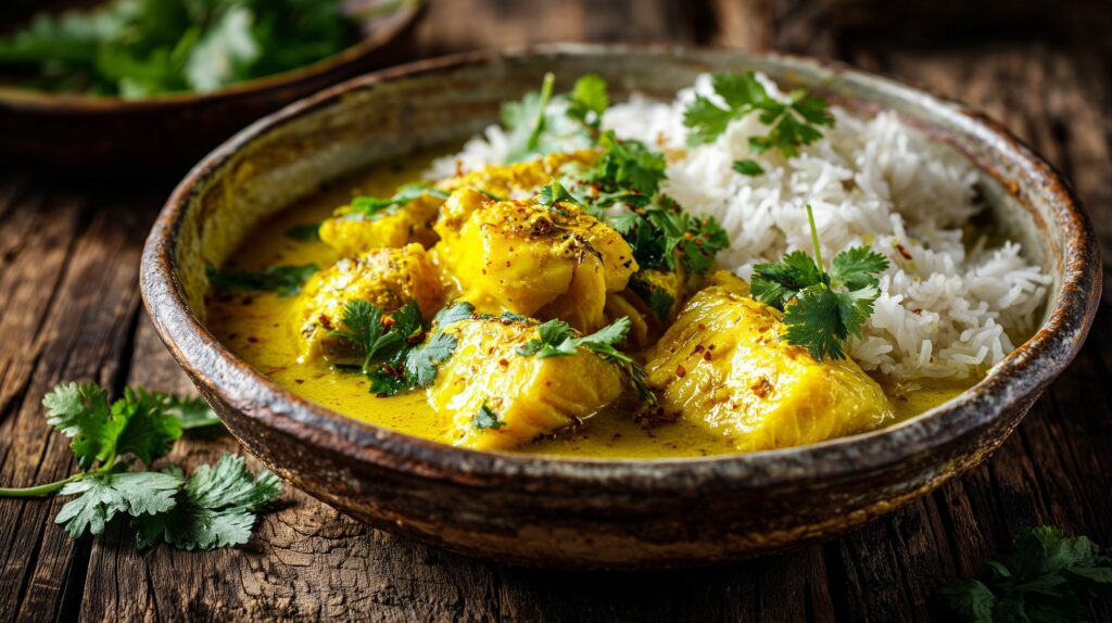 Fish curry with coconut milk served with basmati ajurveda cz