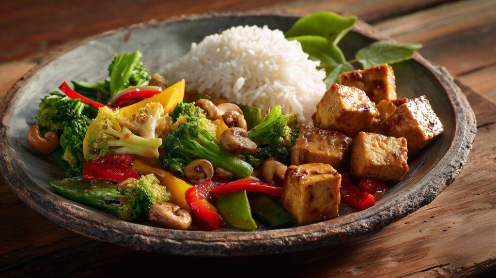 Ginger tofu with sauted vegetables and basmati ric ajurveda cz