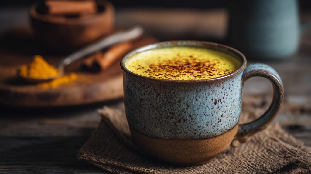 Golden milk with turmeric in a rustic ceramic mug ajurveda cz