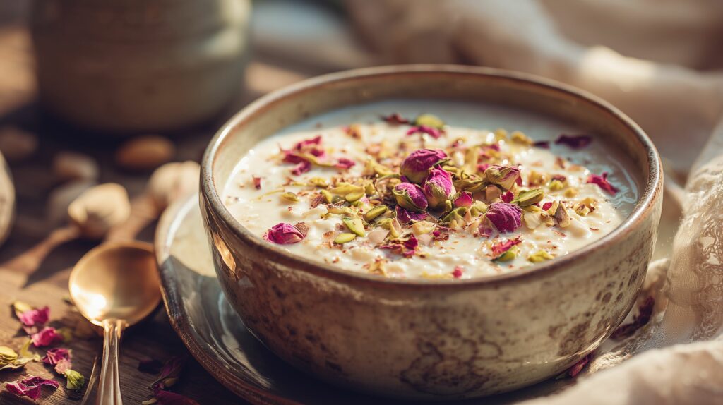 Indian rice pudding kheer in a ceramic bowl garnis ajurveda cz