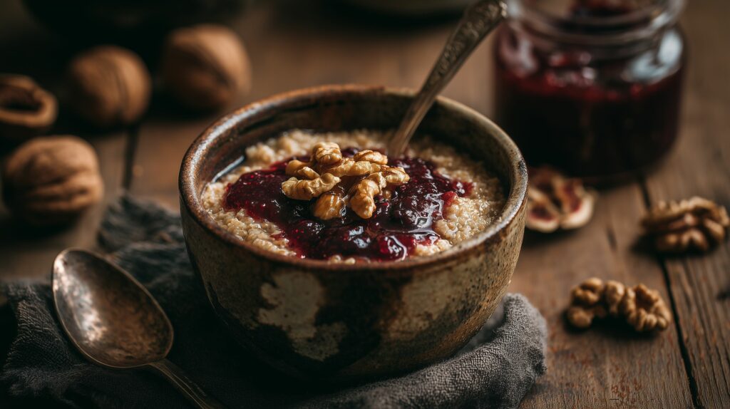 Millet porridge with plum jam and walnuts ajurveda cz