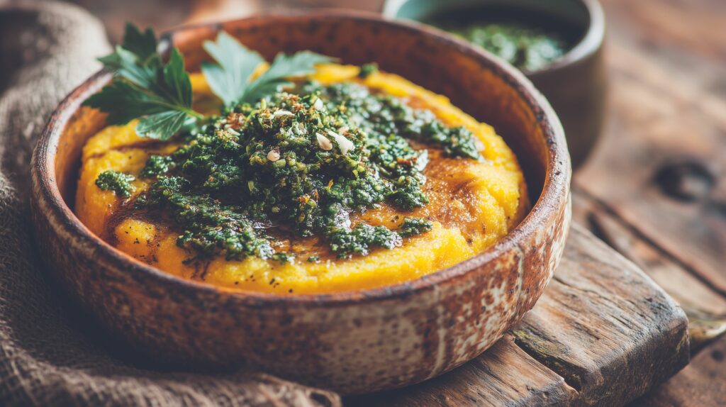 Pumpkin polenta topped with fresh herb pesto serve ajurveda cz