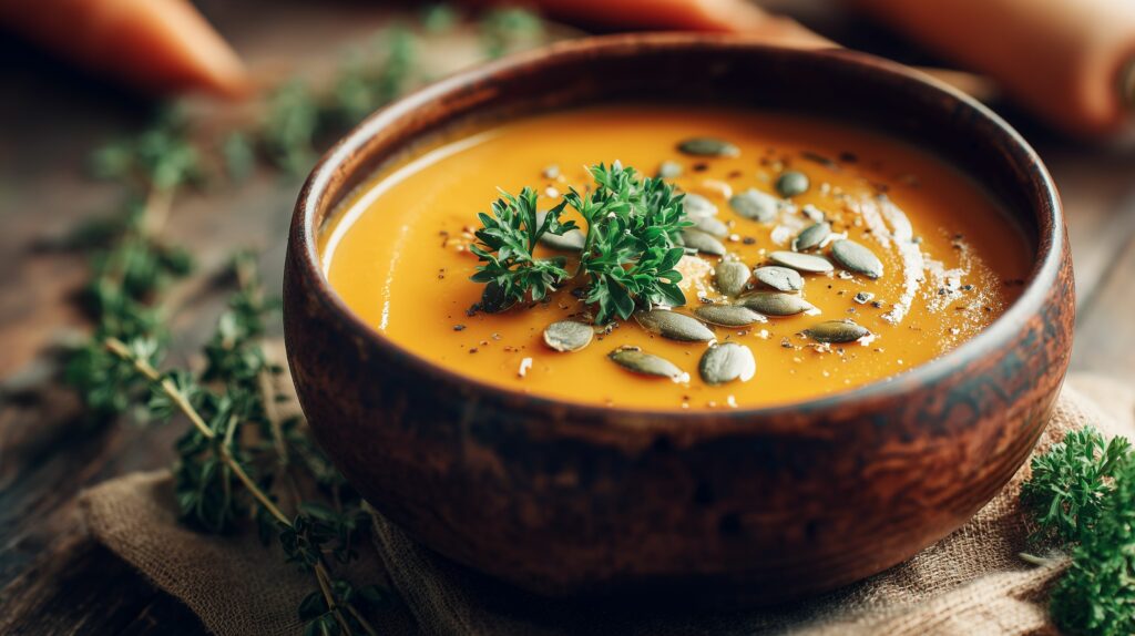 Roasted carrot and parsnip soup with thyme served ajurveda cz