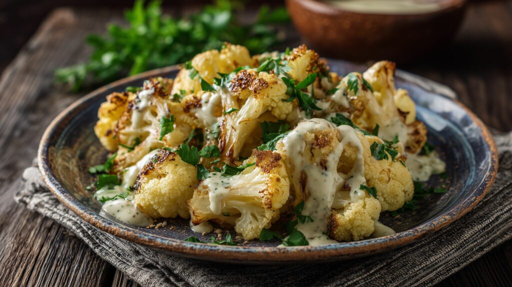 Roasted cauliflower with creamy tahini sauce serve ajurveda cz