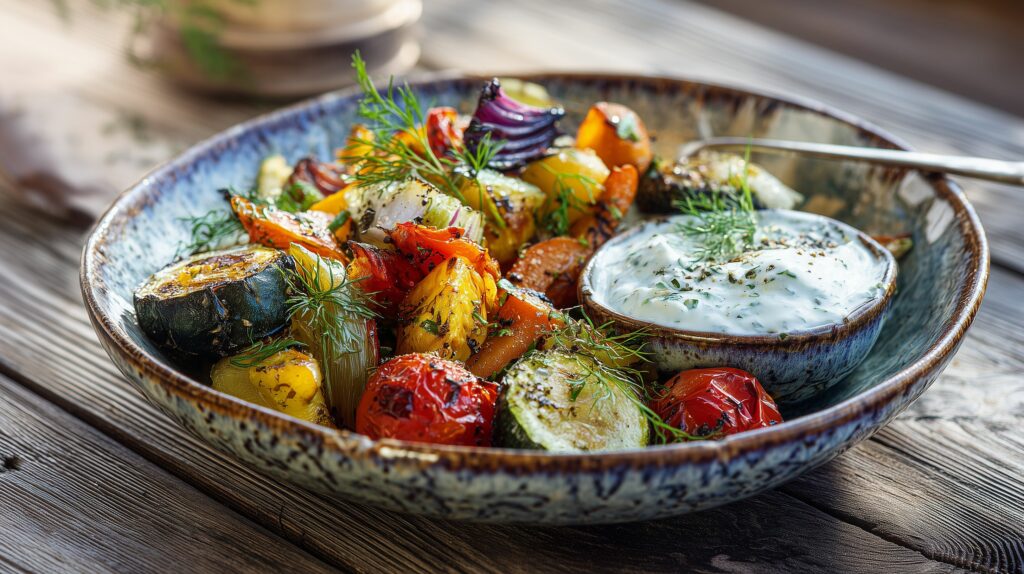 Roasted mixed vegetables served with fresh herb ajurveda