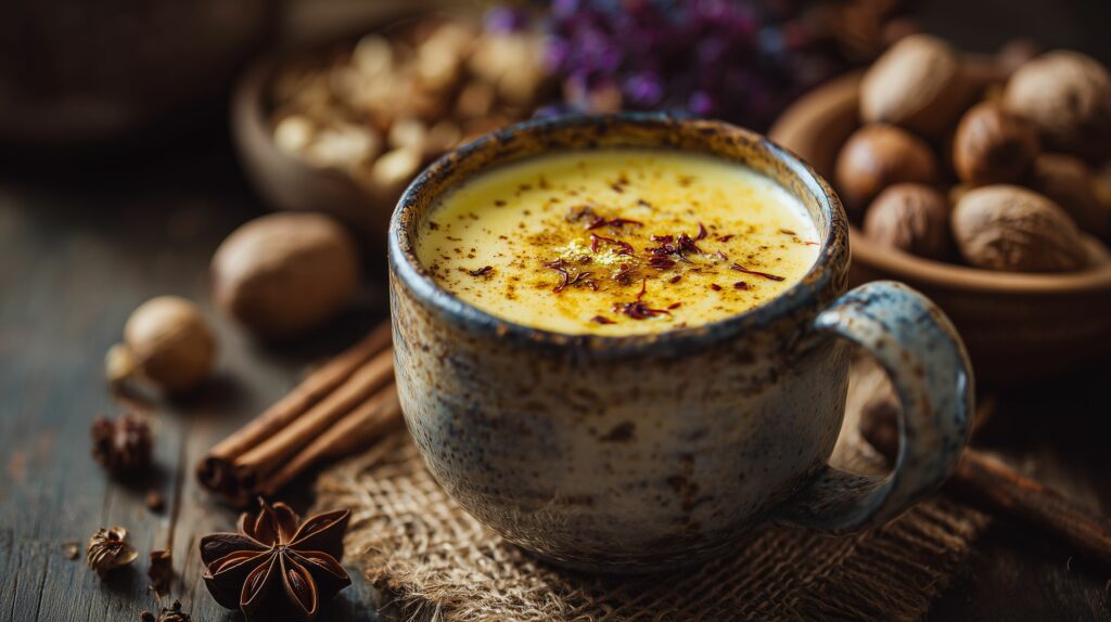 Saffron milk with nutmeg in a rustic ceramic cup ajurveda cz