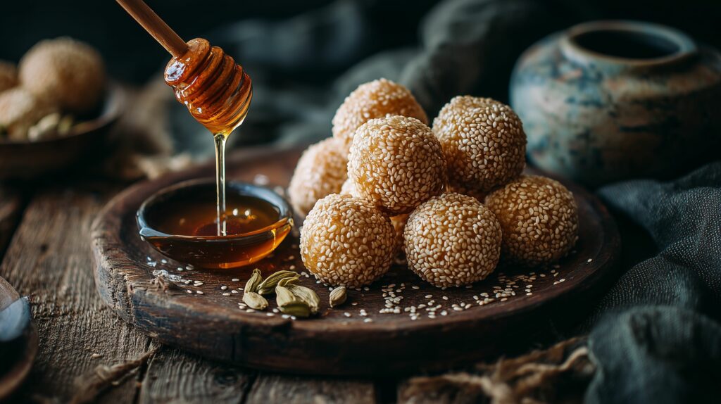 Sesame seed balls with syrup and cardamom on a ajurveda cz