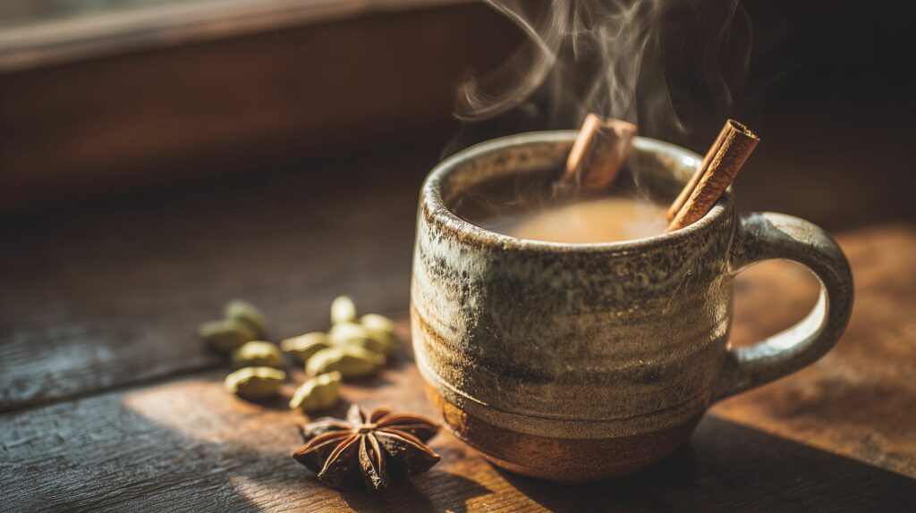 Spiced chai tea with cinnamon stick and cardamom ajurveda cz