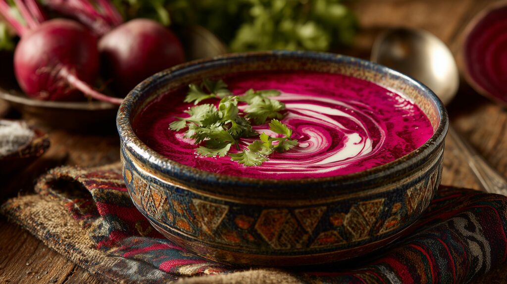 Vibrant beetroot soup in a rustic ceramic bowl ajurveda cz