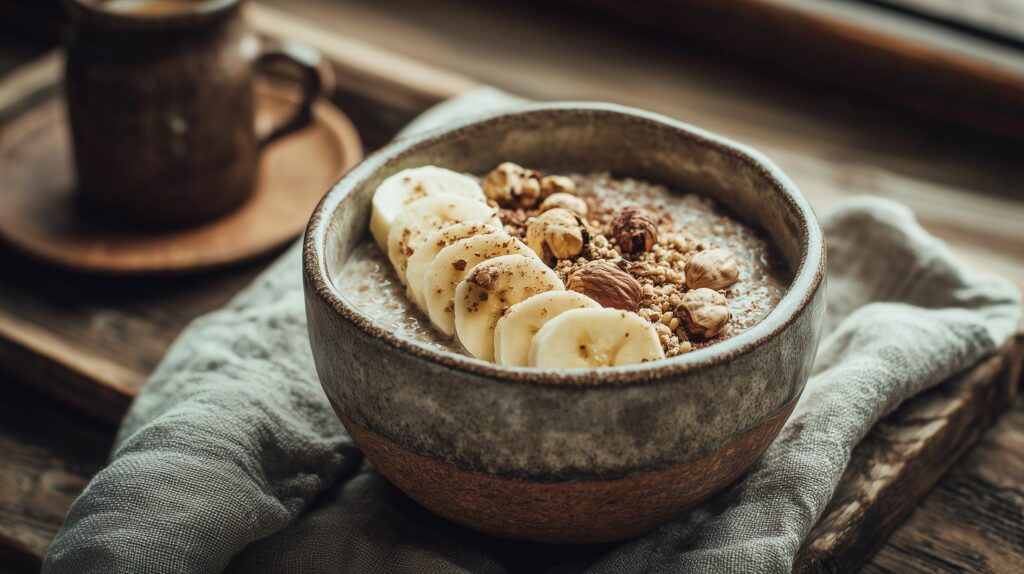 Warm buckwheat porridge with banana slices ajurveda cz