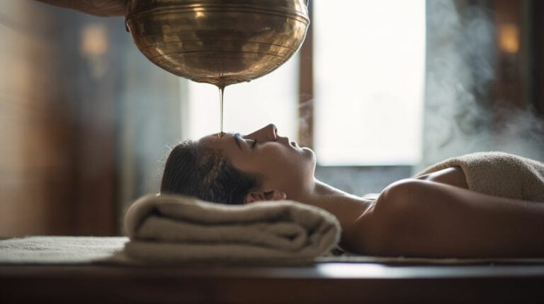 A serene ayurvedic shirodhara scene ajurveda cz