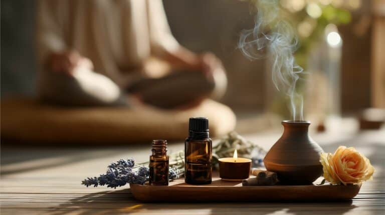 Ájurvédská aromaterapie: tmavé lahvičky s éterickými oleji bez etiket a keramická aromalampa se svíčkou, jemný kouř a teplé tlumené světlo.