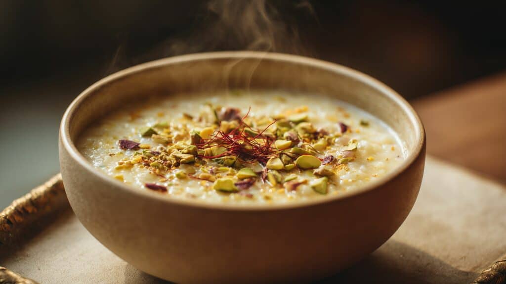 Krémový rýžový kheer se šafránem a pistáciemi v keramické misce