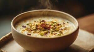 Krémový rýžový kheer se šafránem a pistáciemi v keramické misce