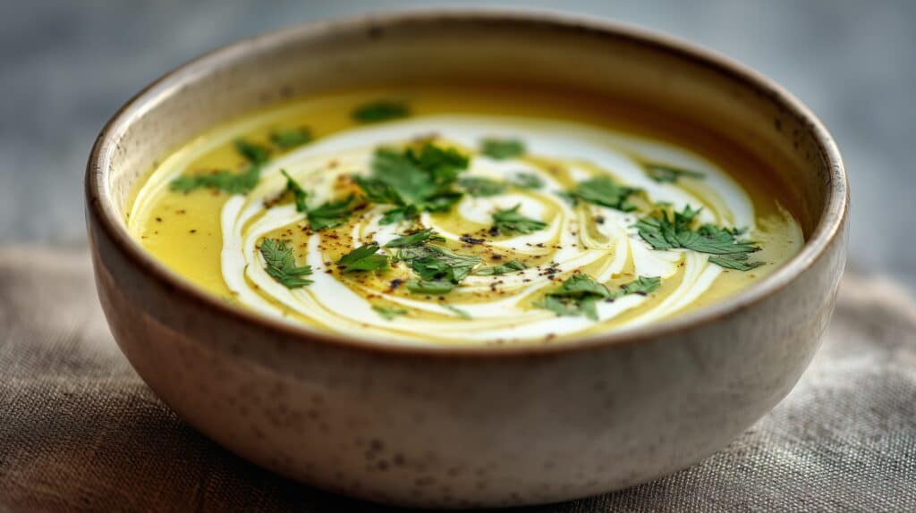 Miska krémové polévky z mung dál s bylinkami a kokosem