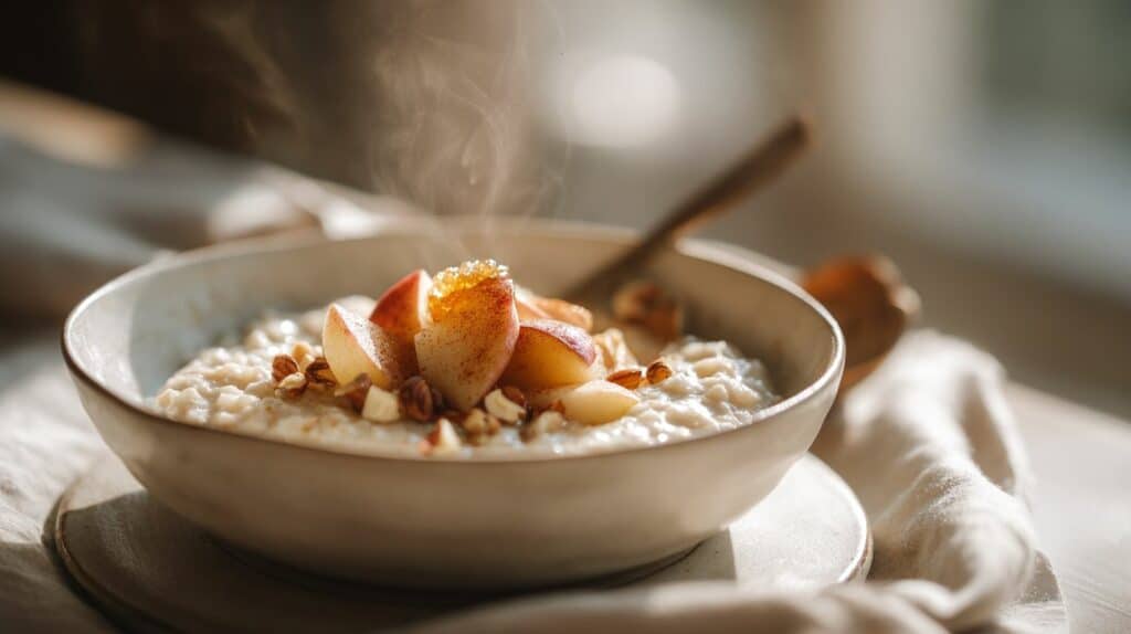 Jablečná rýžová kaše se skořicí a ghí v misce, podzimní světlo