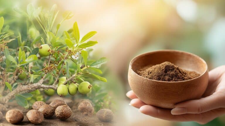 Ájurvédská směs triphala v dřevěné misce s třemi bylinami amalaki, bibhitaki a haritaki v pozadí.