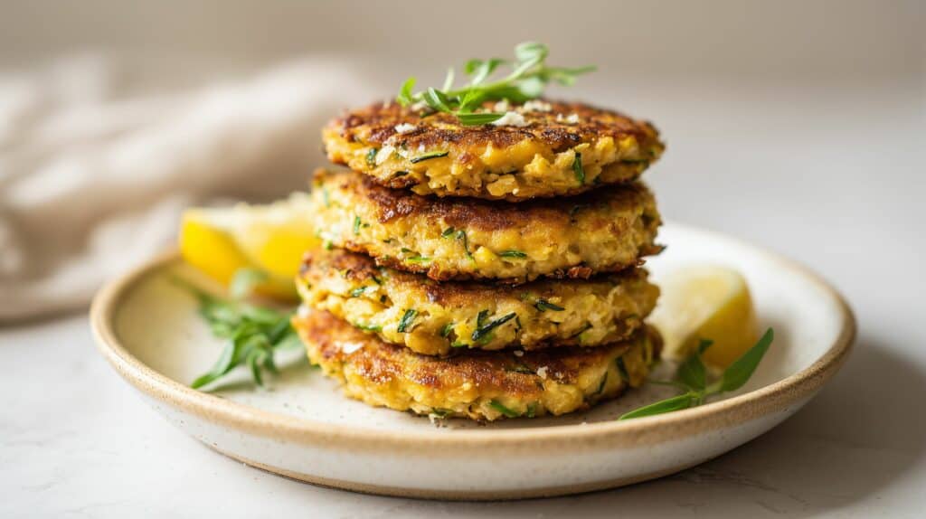 Cizrnové placičky s cuketou a bylinkami na talíři s citronem