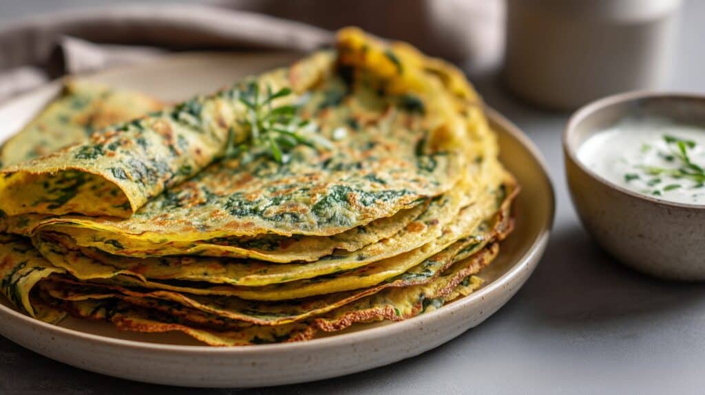 Slané chilla ze cizrnové mouky se špenátem a jogurtovým dipem na talíři