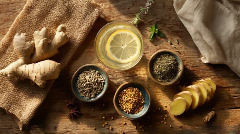 Serene overhead view of ayurvedic digestive wellness ajurveda cz