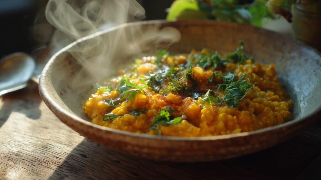 Warm pumpkin and red lentil khichri ajurveda cz