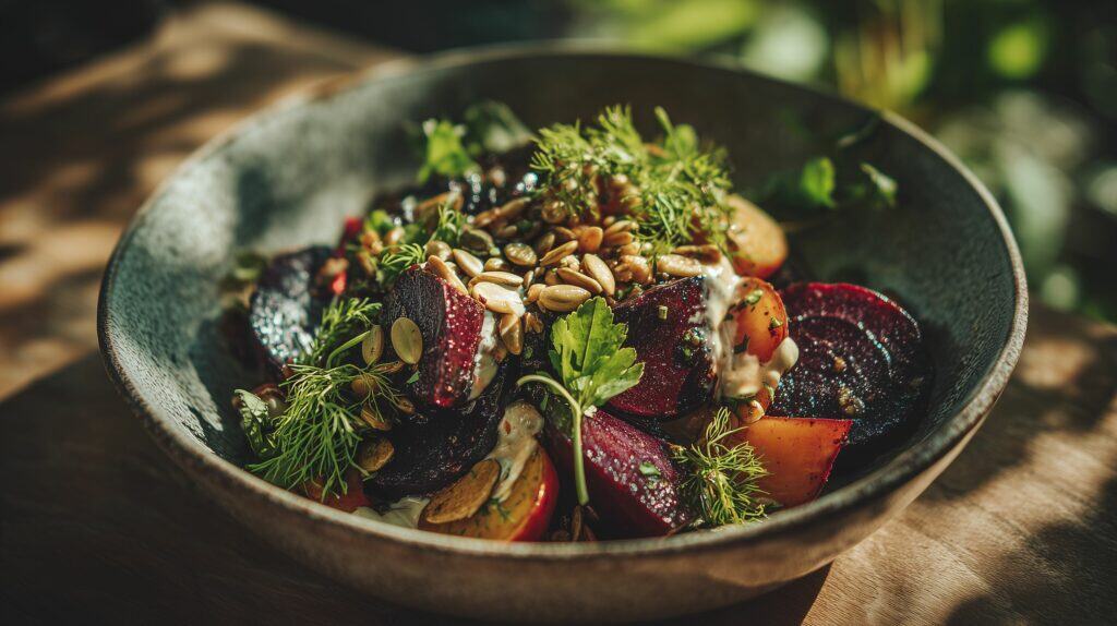 Warm salad of roasted beetroot and black beluga ajurveda cz