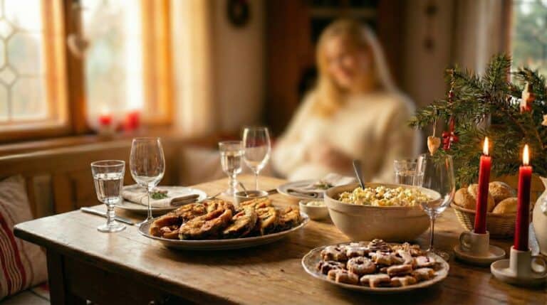 Mladá žena u vánočního stolu se smaženým kaprem a bramborovým salátem, ájurvédský přístup k trávení během svátků