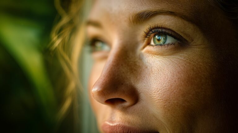 Portrét ženy se zářivýma očima v teplém přirozeném světle