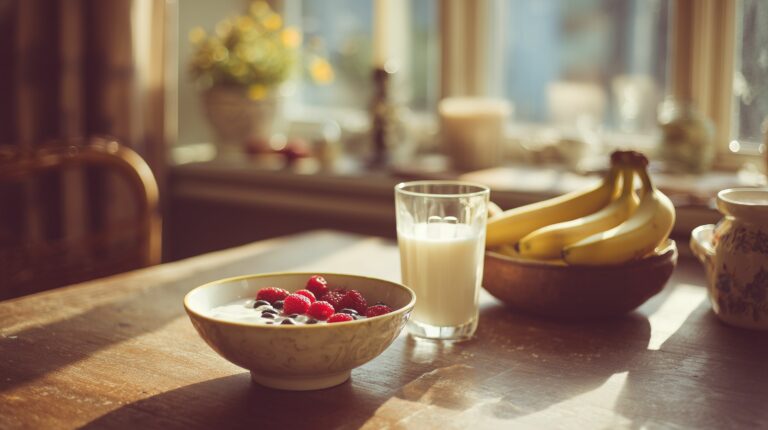 Snídaňový stůl s kombinacemi potravin, které by se podle ájurvédy neměly jíst společně