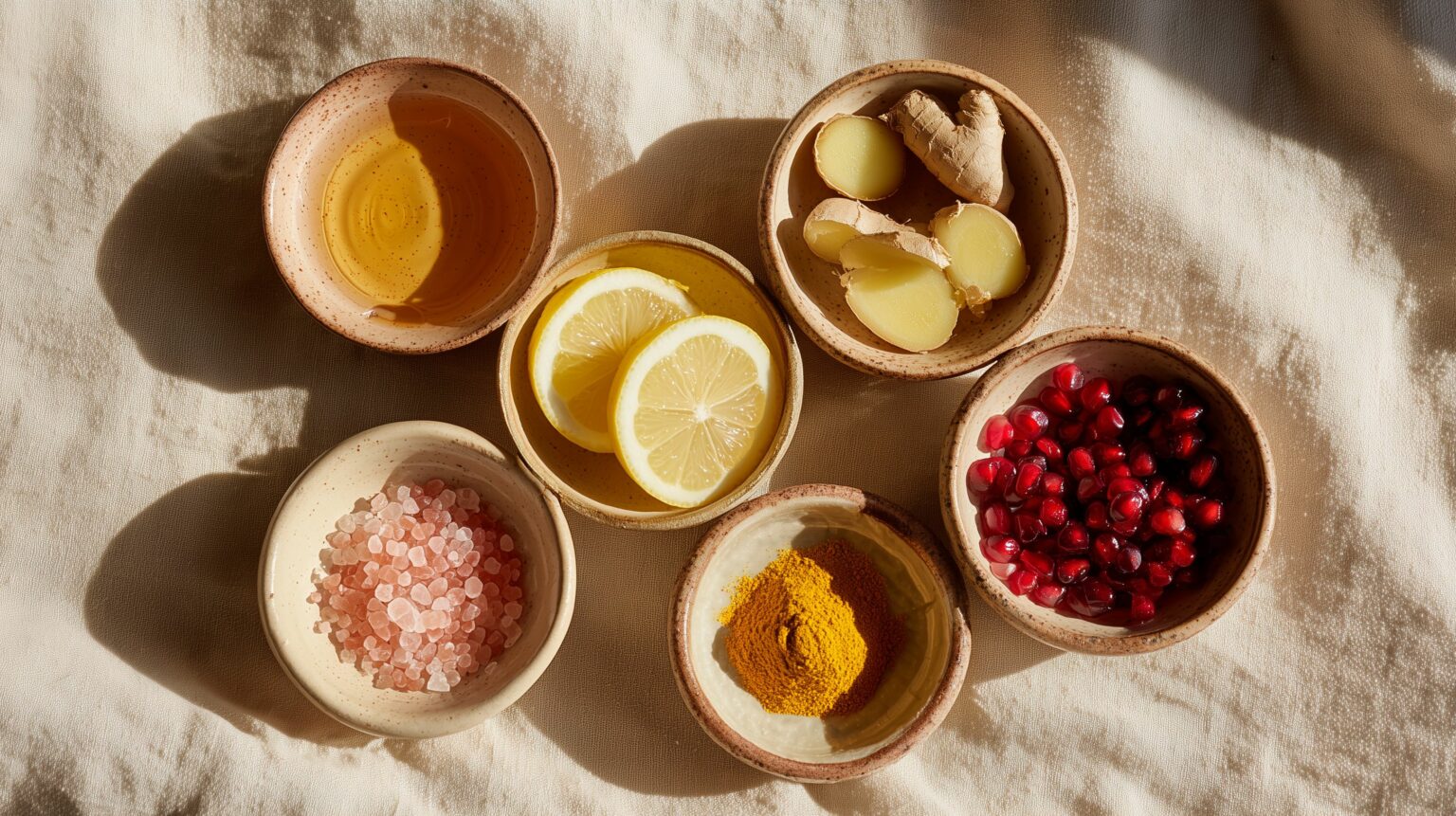 Šest keramických misek reprezentujících ájurvédské chutě: med, citron, himalájská sůl, zázvor, kurkuma a granátové jablko