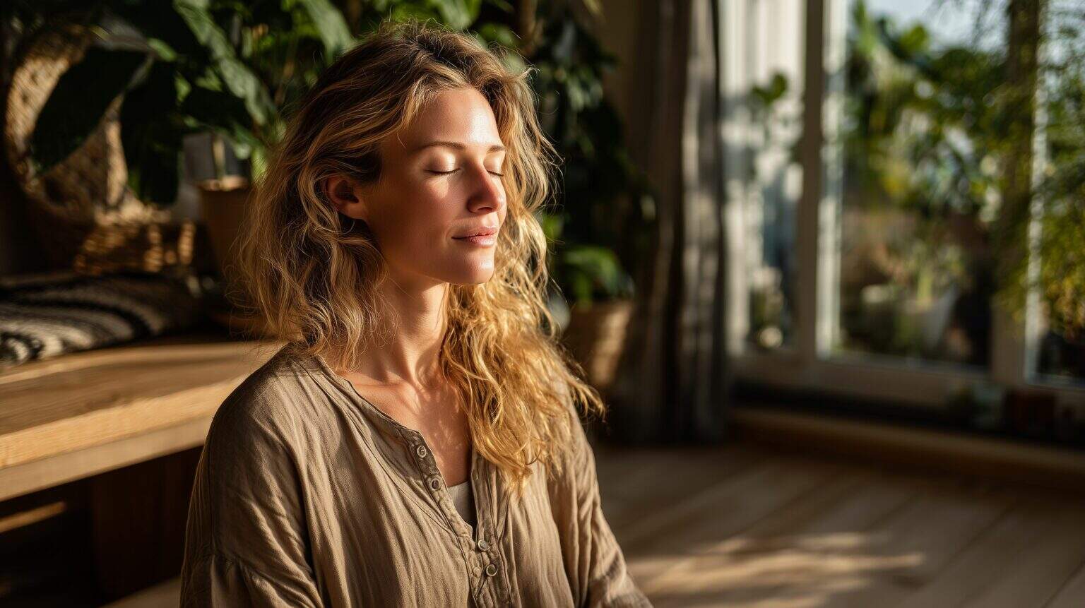 Žena meditující v ranním světle s rukama položenýma na hrudi a břiše