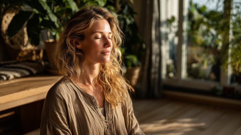 Žena meditující v ranním světle s rukama položenýma na hrudi a břiše